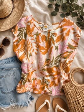 C&C California 100% Linen Tropical Print Top XL